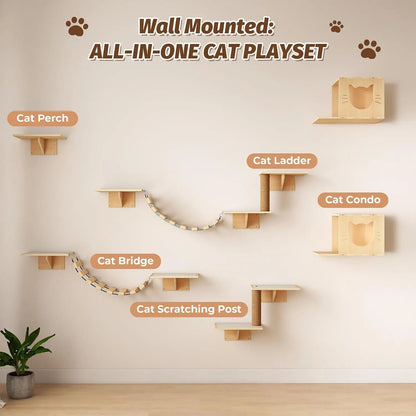 Natural Wooden Wall-Mounted Cat Climbing Set for Active Indoor Cats, Sturdy Vertical Shelves & Platforms, Easy-Install, for Apartments & Cat Rooms