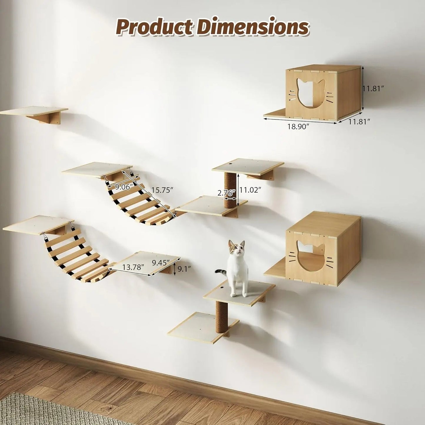 Natural Wooden Wall-Mounted Cat Climbing Set for Active Indoor Cats, Sturdy Vertical Shelves & Platforms, Easy-Install, for Apartments & Cat Rooms