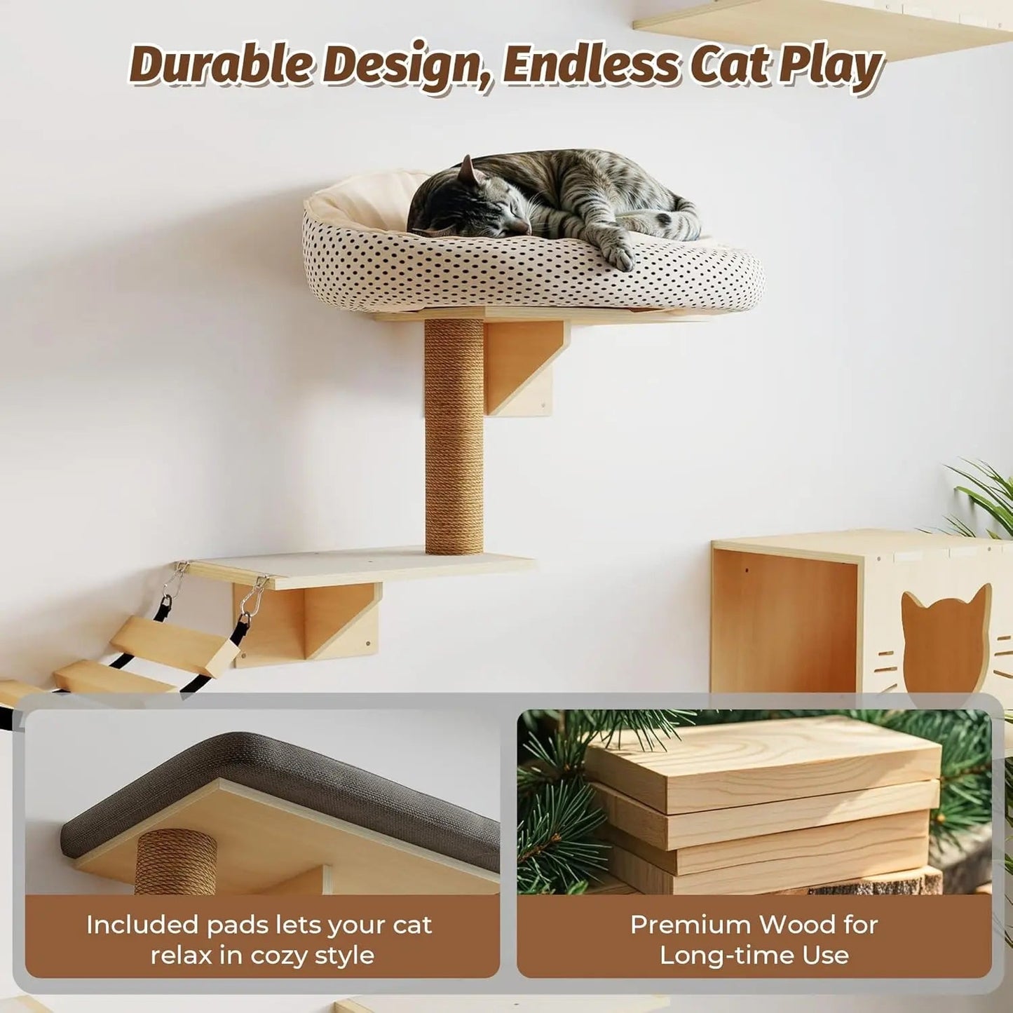Natural Wooden Wall-Mounted Cat Climbing Set for Active Indoor Cats, Sturdy Vertical Shelves & Platforms, Easy-Install, for Apartments & Cat Rooms