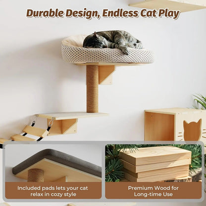 Natural Wooden Wall-Mounted Cat Climbing Set for Active Indoor Cats, Sturdy Vertical Shelves & Platforms, Easy-Install, for Apartments & Cat Rooms