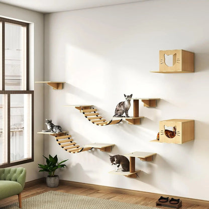 Natural Wooden Wall-Mounted Cat Climbing Set for Active Indoor Cats, Sturdy Vertical Shelves & Platforms, Easy-Install, for Apartments & Cat Rooms