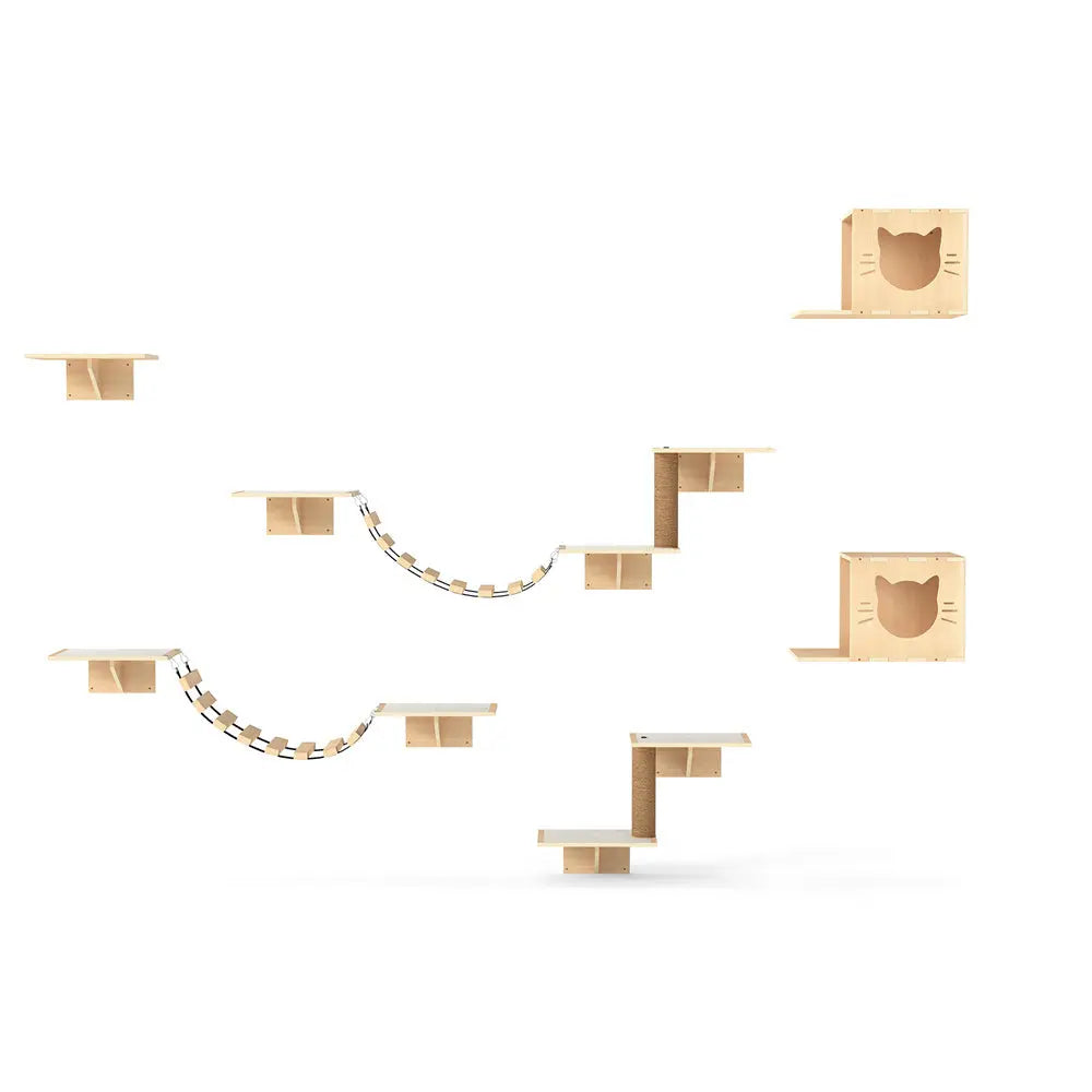 Natural Wooden Wall-Mounted Cat Climbing Set for Active Indoor Cats, Sturdy Vertical Shelves & Platforms, Easy-Install, for Apartments & Cat Rooms