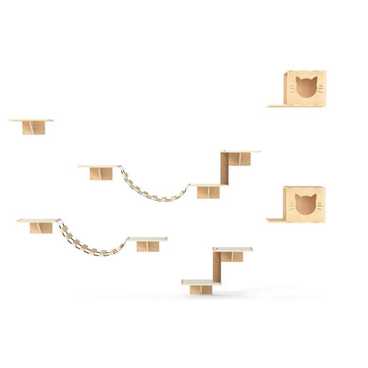 Natural Wooden Wall-Mounted Cat Climbing Set for Active Indoor Cats, Sturdy Vertical Shelves & Platforms, Easy-Install, for Apartments & Cat Rooms