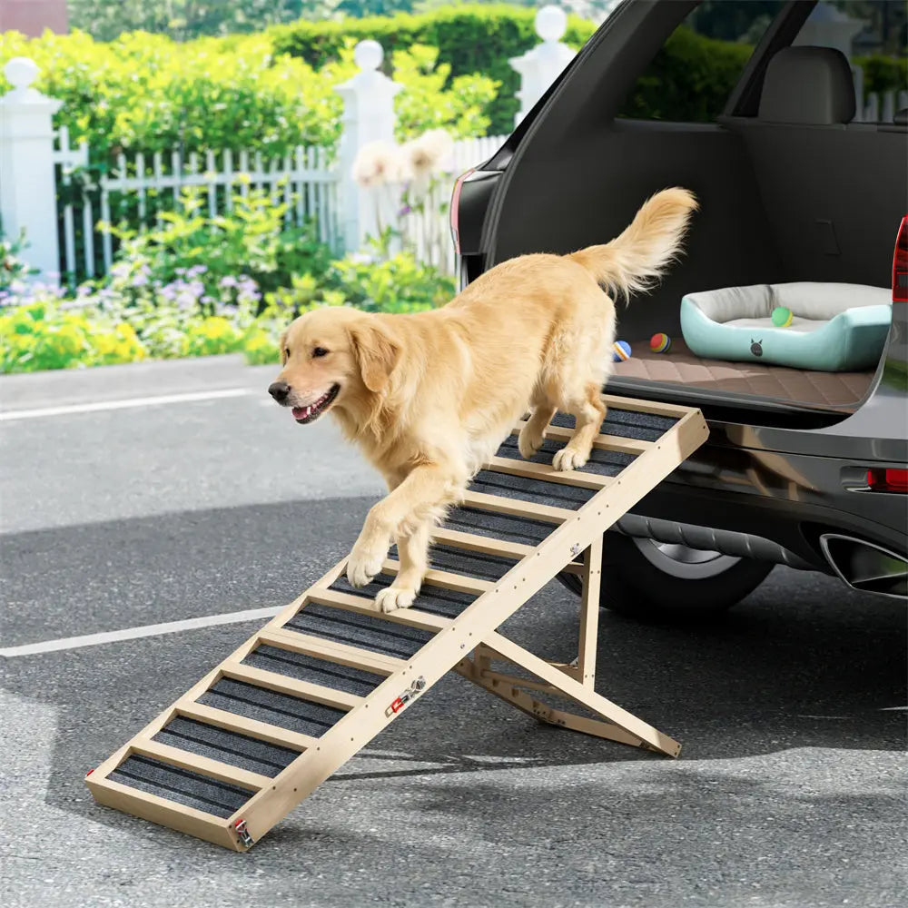 Long Portable Wooden Dog Ramp for Cars, SUVs, Furniture & Porches, 55 Inch Non-Slip Folding Pet Ramp for Small, Large & Senior Dogs, No Assembly