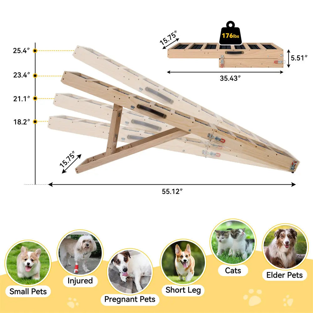 Long Portable Wooden Dog Ramp for Cars, SUVs, Furniture & Porches, 55 Inch Non-Slip Folding Pet Ramp for Small, Large & Senior Dogs, No Assembly