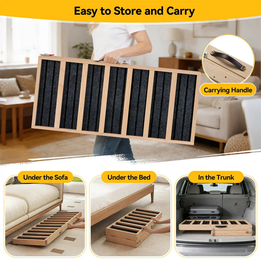 Long Portable Wooden Dog Ramp for Cars, SUVs, Furniture & Porches, 55 Inch Non-Slip Folding Pet Ramp for Small, Large & Senior Dogs, No Assembly