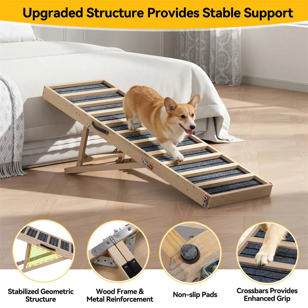 Long Portable Wooden Dog Ramp for Cars, SUVs, Furniture & Porches, 55 Inch Non-Slip Folding Pet Ramp for Small, Large & Senior Dogs, No Assembly