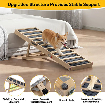 Long Portable Wooden Dog Ramp for Cars, SUVs, Furniture & Porches, 55 Inch Non-Slip Folding Pet Ramp for Small, Large & Senior Dogs, No Assembly