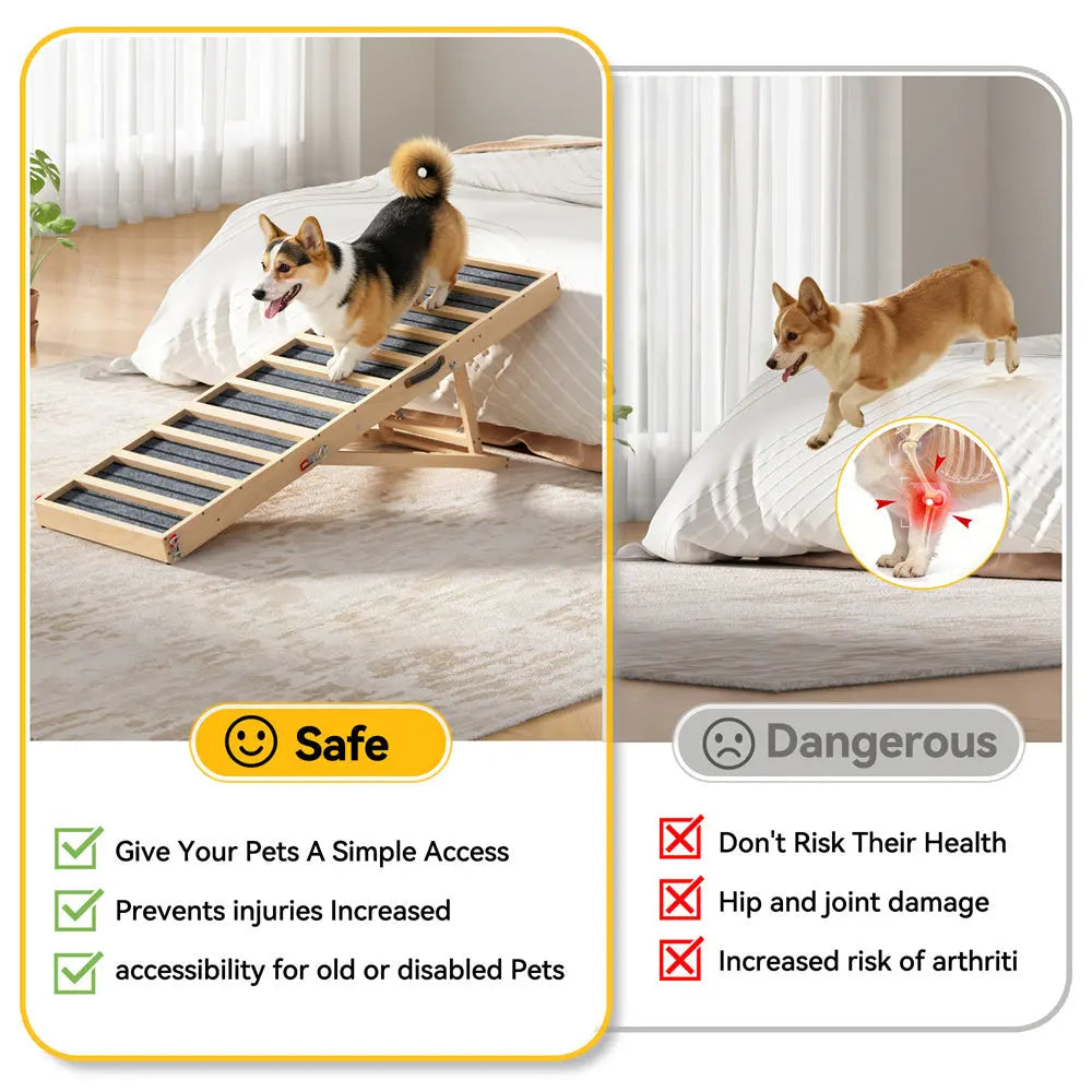Long Portable Wooden Dog Ramp for Cars, SUVs, Furniture & Porches, 55 Inch Non-Slip Folding Pet Ramp for Small, Large & Senior Dogs, No Assembly