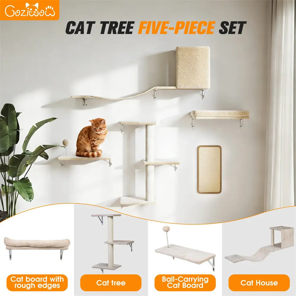 Wall-Mounted Cat Activity Set for Indoor Cats, 5-Piece Climbing Shelves & Perches, Space-Saving Cat Wall Furniture for Jumping, Lounging & Exercise