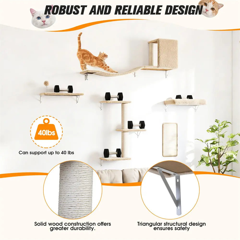 Wall-Mounted Cat Activity Set for Indoor Cats, 5-Piece Climbing Shelves & Perches, Space-Saving Cat Wall Furniture for Jumping, Lounging & Exercise