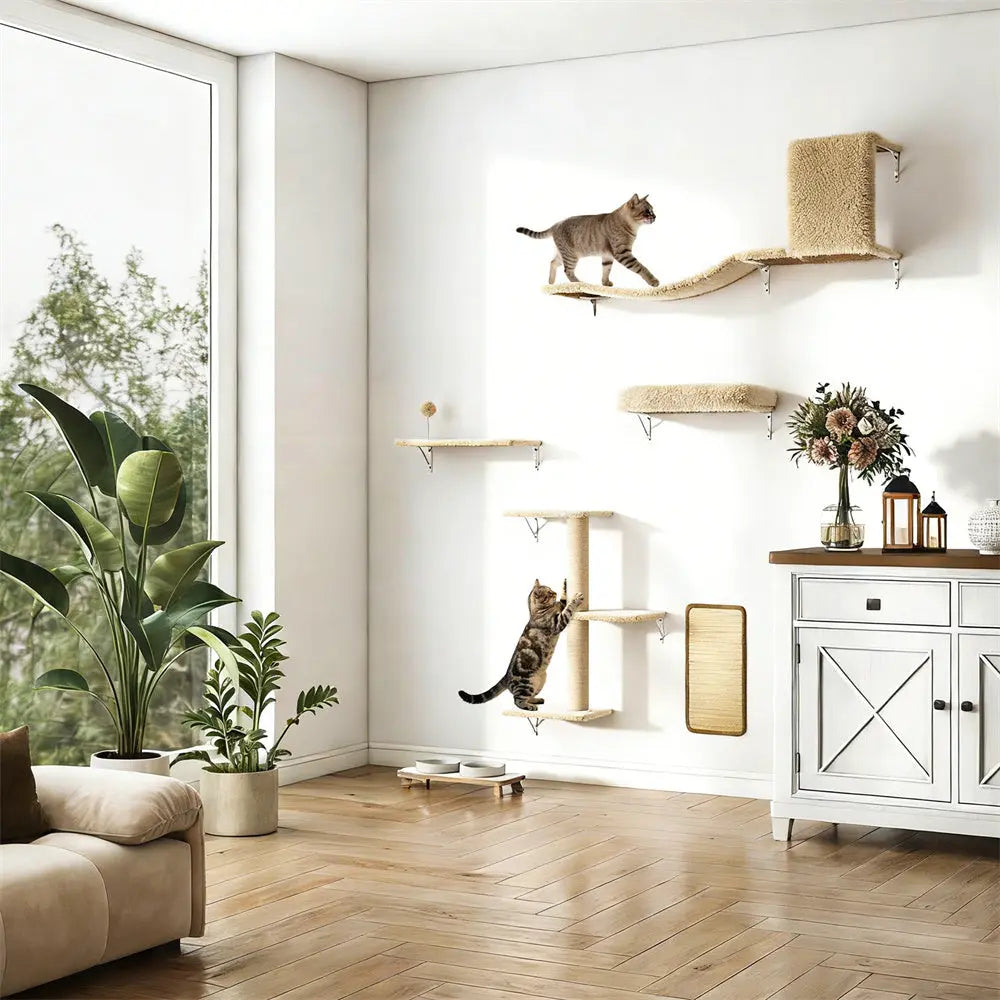 Wall-Mounted Cat Activity Set for Indoor Cats, 5-Piece Climbing Shelves & Perches, Space-Saving Cat Wall Furniture for Jumping, Lounging & Exercise