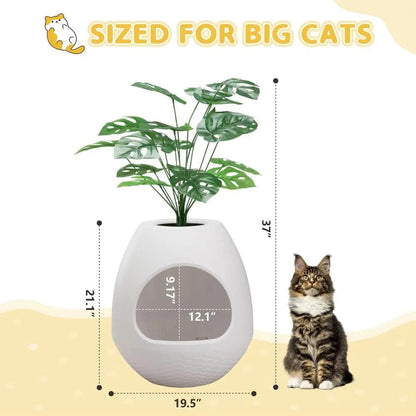 2-in-1 Enclosed Cat Litter Box & Cozy Cat Bed, Egg-Shaped Hidden Litter Enclosure with Odor Control & Faux Plant Top, Modern Cat Furniture for Home