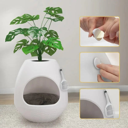 2-in-1 Enclosed Cat Litter Box & Cozy Cat Bed, Egg-Shaped Hidden Litter Enclosure with Odor Control & Faux Plant Top, Modern Cat Furniture for Home