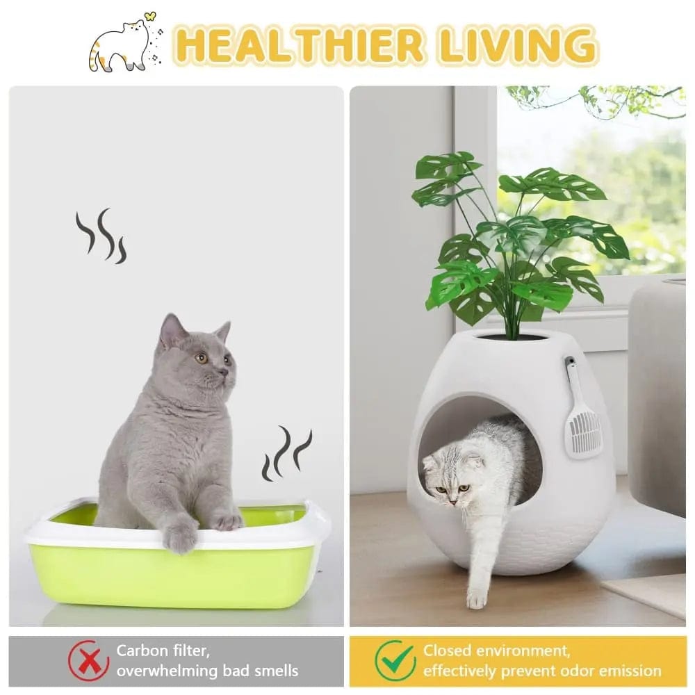 2-in-1 Enclosed Cat Litter Box & Cozy Cat Bed, Egg-Shaped Hidden Litter Enclosure with Odor Control & Faux Plant Top, Modern Cat Furniture for Home