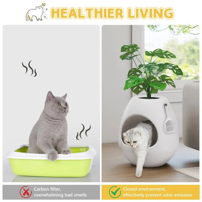 2-in-1 Enclosed Cat Litter Box & Cozy Cat Bed, Egg-Shaped Hidden Litter Enclosure with Odor Control & Faux Plant Top, Modern Cat Furniture for Home