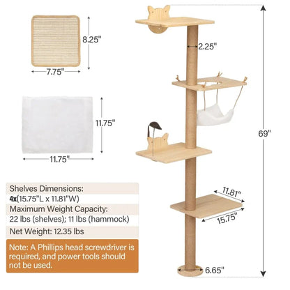 Modern Wall Mounted Cat Climbing Tree for Indoor Cats, Multi-Level Space-Saving Cat Wall Tower with Perches, for Apartments, Living Rooms & Cat Rooms
