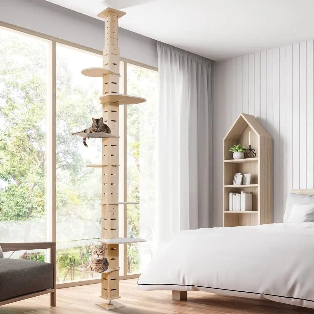 Adjustable Floor-to-Ceiling Cat Tree for Large Indoor Cats, Tall Climbing Pole Tower with Platforms, No-Drill Setup, for Living Rooms & Apartments