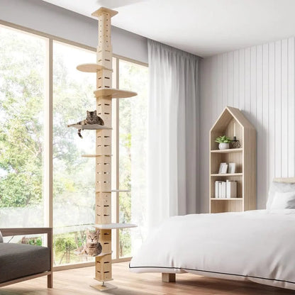 Adjustable Floor-to-Ceiling Cat Tree for Large Indoor Cats, Tall Climbing Pole Tower with Platforms, No-Drill Setup, for Living Rooms & Apartments