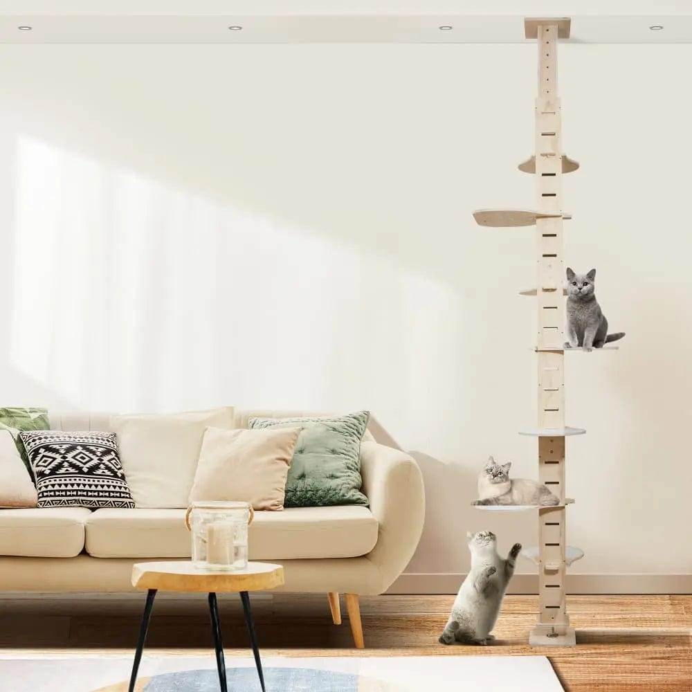 Adjustable Floor-to-Ceiling Cat Tree for Large Indoor Cats, Tall Climbing Pole Tower with Platforms, No-Drill Setup, for Living Rooms & Apartments