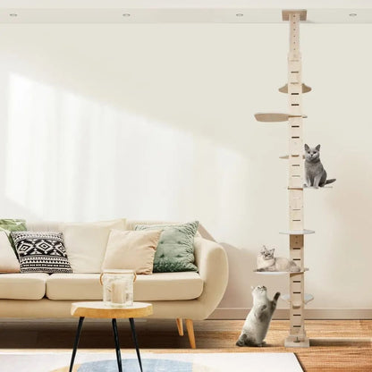 Adjustable Floor-to-Ceiling Cat Tree for Large Indoor Cats, Tall Climbing Pole Tower with Platforms, No-Drill Setup, for Living Rooms & Apartments