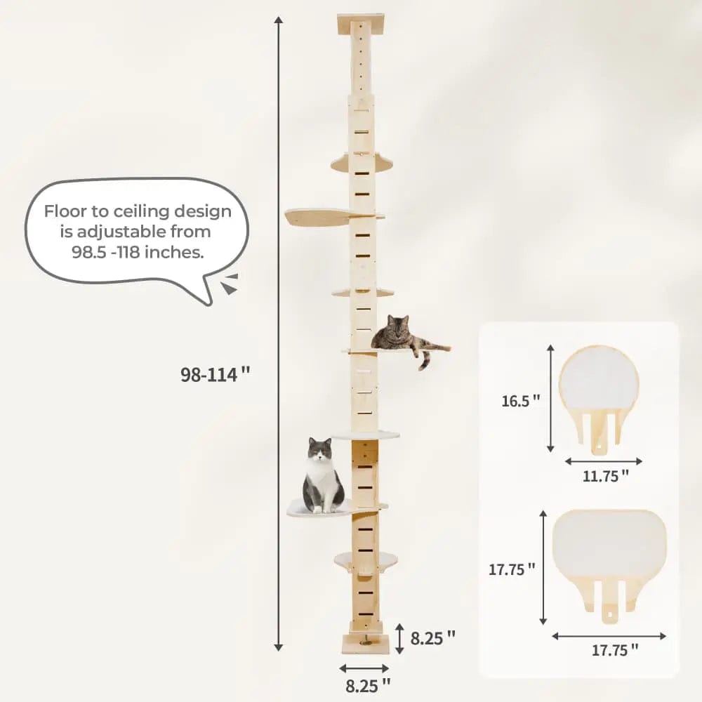 Adjustable Floor-to-Ceiling Cat Tree for Large Indoor Cats, Tall Climbing Pole Tower with Platforms, No-Drill Setup, for Living Rooms & Apartments