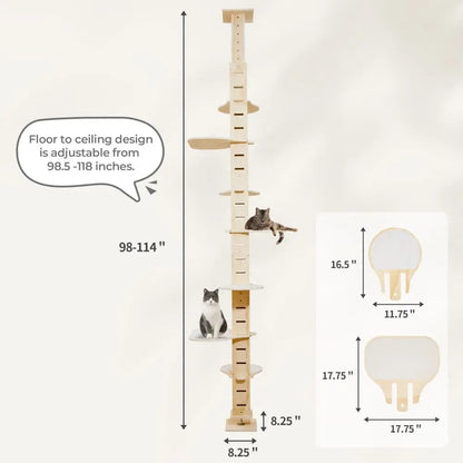 Adjustable Floor-to-Ceiling Cat Tree for Large Indoor Cats, Tall Climbing Pole Tower with Platforms, No-Drill Setup, for Living Rooms & Apartments
