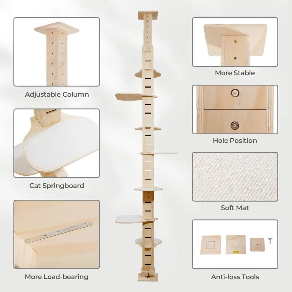 Adjustable Floor-to-Ceiling Cat Tree for Large Indoor Cats, Tall Climbing Pole Tower with Platforms, No-Drill Setup, for Living Rooms & Apartments