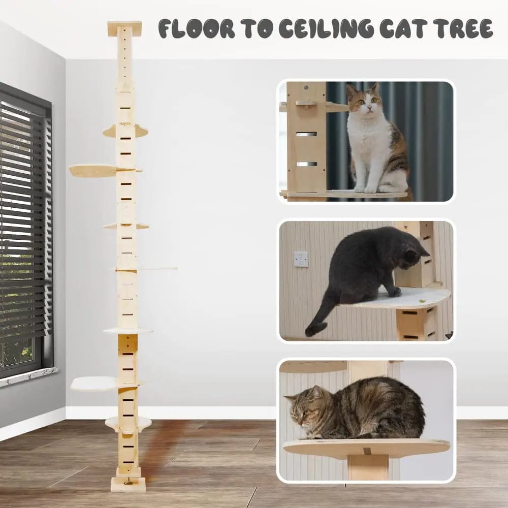Adjustable Floor-to-Ceiling Cat Tree for Large Indoor Cats, Tall Climbing Pole Tower with Platforms, No-Drill Setup, for Living Rooms & Apartments