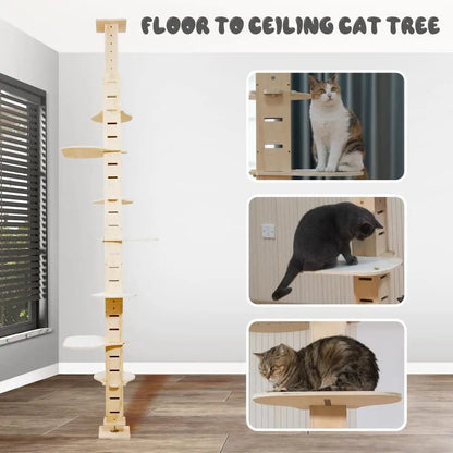 Adjustable Floor-to-Ceiling Cat Tree for Large Indoor Cats, Tall Climbing Pole Tower with Platforms, No-Drill Setup, for Living Rooms & Apartments