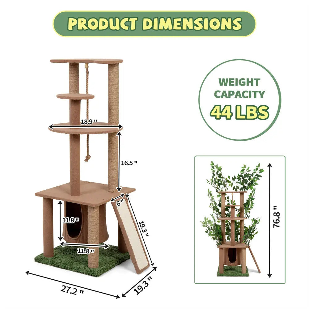 Multi-Level Cat Tree with Artificial Greenery for Indoor Cats, 47 Inch Cat Tower with Sisal Scratching Posts & Plush Perches, for Climbing & Play