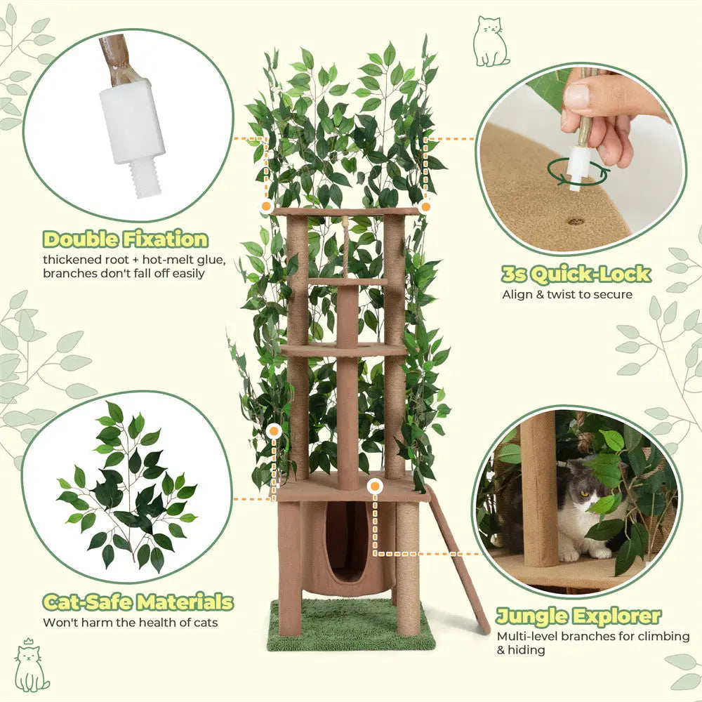 Multi-Level Cat Tree with Artificial Greenery for Indoor Cats, 47 Inch Cat Tower with Sisal Scratching Posts & Plush Perches, for Climbing & Play