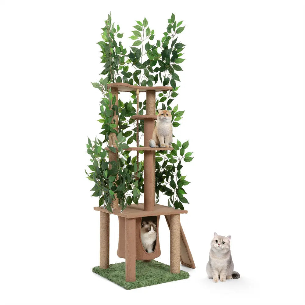 Multi-Level Cat Tree with Artificial Greenery for Indoor Cats, 47 Inch Cat Tower with Sisal Scratching Posts & Plush Perches, for Climbing & Play