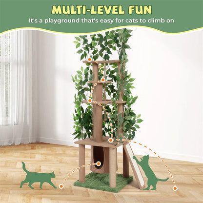 Multi-Level Cat Tree with Artificial Greenery for Indoor Cats, 47 Inch Cat Tower with Sisal Scratching Posts & Plush Perches, for Climbing & Play