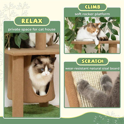 Multi-Level Cat Tree with Artificial Greenery for Indoor Cats, 47 Inch Cat Tower with Sisal Scratching Posts & Plush Perches, for Climbing & Play