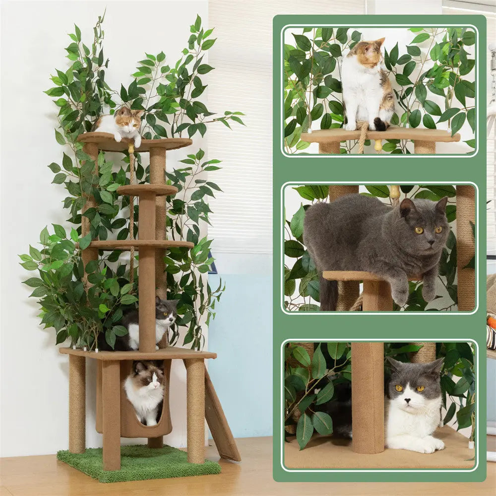 Multi-Level Cat Tree with Artificial Greenery for Indoor Cats, 47 Inch Cat Tower with Sisal Scratching Posts & Plush Perches, for Climbing & Play