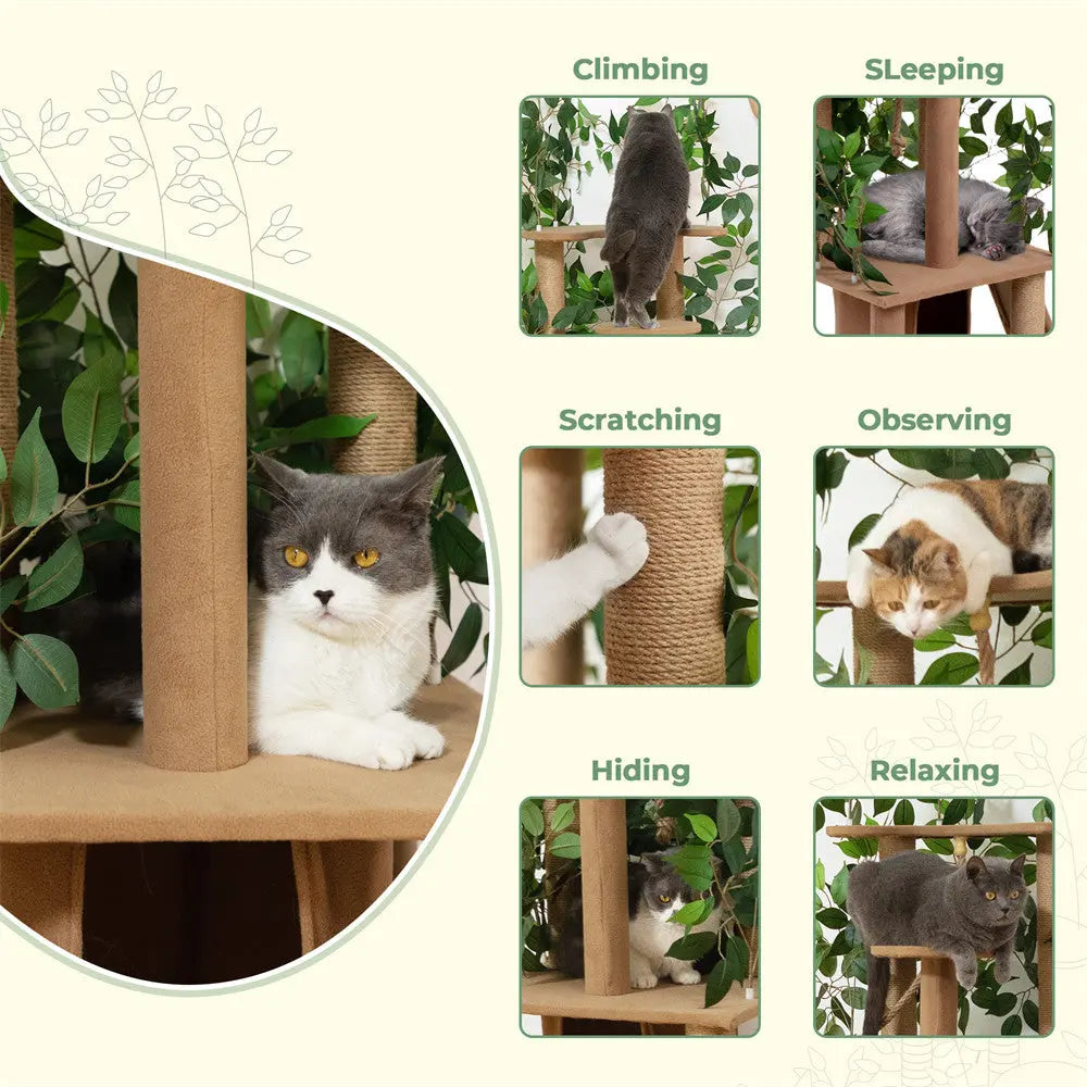 Multi-Level Cat Tree with Artificial Greenery for Indoor Cats, 47 Inch Cat Tower with Sisal Scratching Posts & Plush Perches, for Climbing & Play