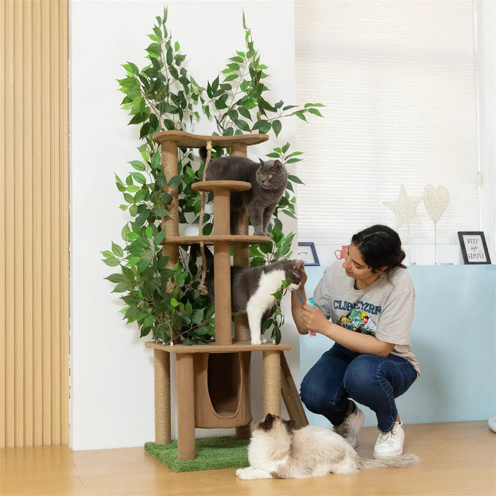 Multi-Level Cat Tree with Artificial Greenery for Indoor Cats, 47 Inch Cat Tower with Sisal Scratching Posts & Plush Perches, for Climbing & Play