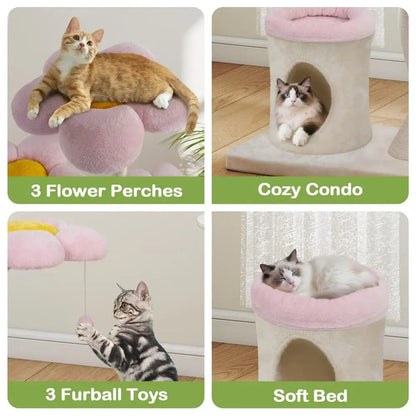 Flower Cat Tree Tower for Indoor Cats, 57 Inch 5-Level Cat Condo with Scratching Posts & Soft Perches, Cute Floral Cat Furniture for Play & Naps