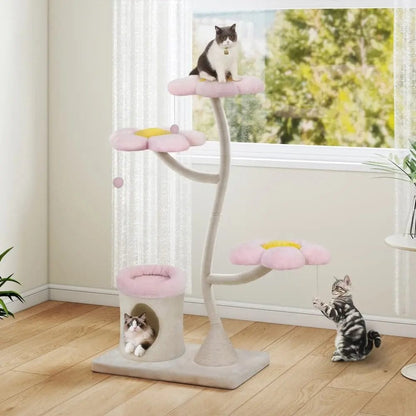 Flower Cat Tree Tower for Indoor Cats, 57 Inch 5-Level Cat Condo with Scratching Posts & Soft Perches, Cute Floral Cat Furniture for Play & Naps