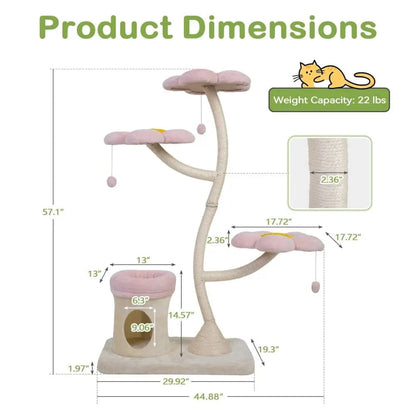 Flower Cat Tree Tower for Indoor Cats, 57 Inch 5-Level Cat Condo with Scratching Posts & Soft Perches, Cute Floral Cat Furniture for Play & Naps