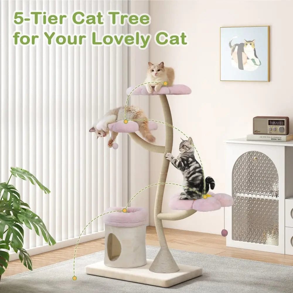 Flower Cat Tree Tower for Indoor Cats, 57 Inch 5-Level Cat Condo with Scratching Posts & Soft Perches, Cute Floral Cat Furniture for Play & Naps