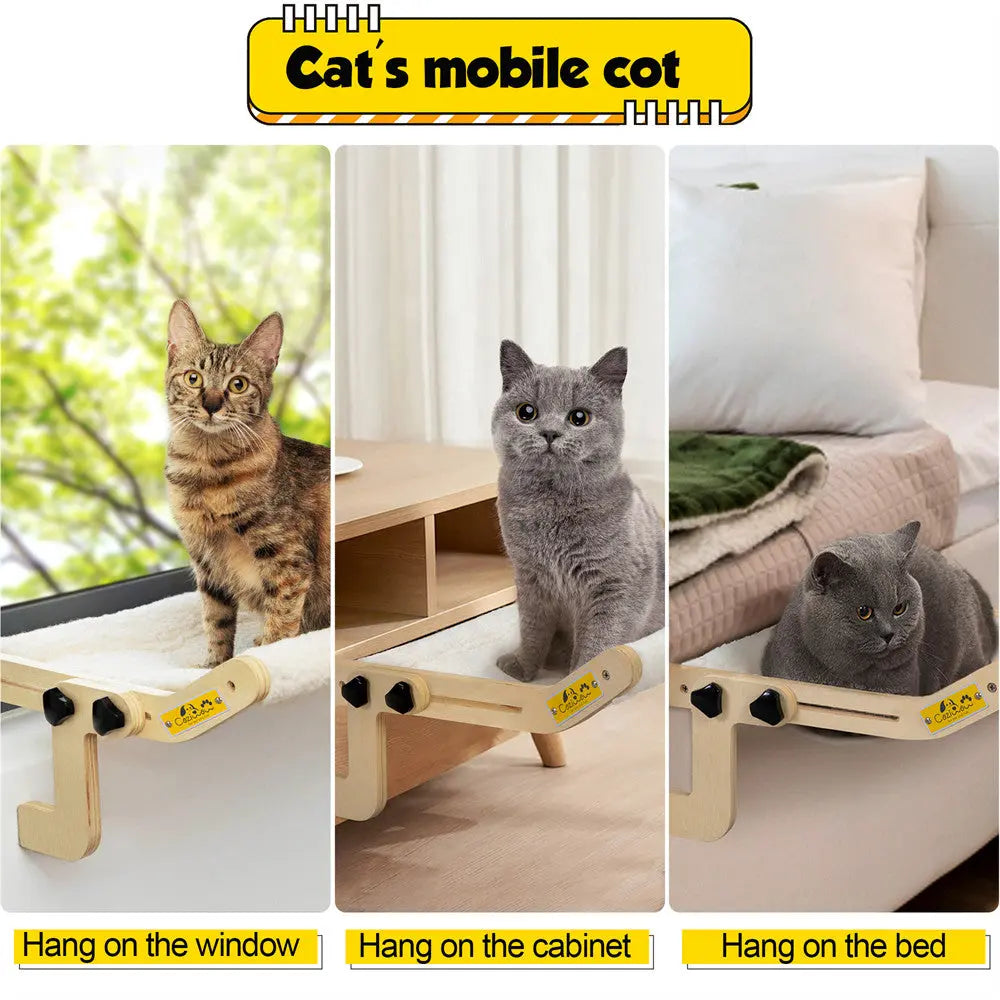 Cozy Wooden Cat Window Hammock for Indoor Cats, Sturdy Sunbathing Window Seat Perch Bed, Easy-Install, for Windowsills, Sunrooms & Apartments