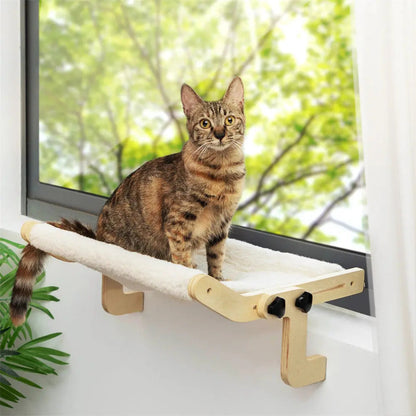 Cozy Wooden Cat Window Hammock for Indoor Cats, Sturdy Sunbathing Window Seat Perch Bed, Easy-Install, for Windowsills, Sunrooms & Apartments
