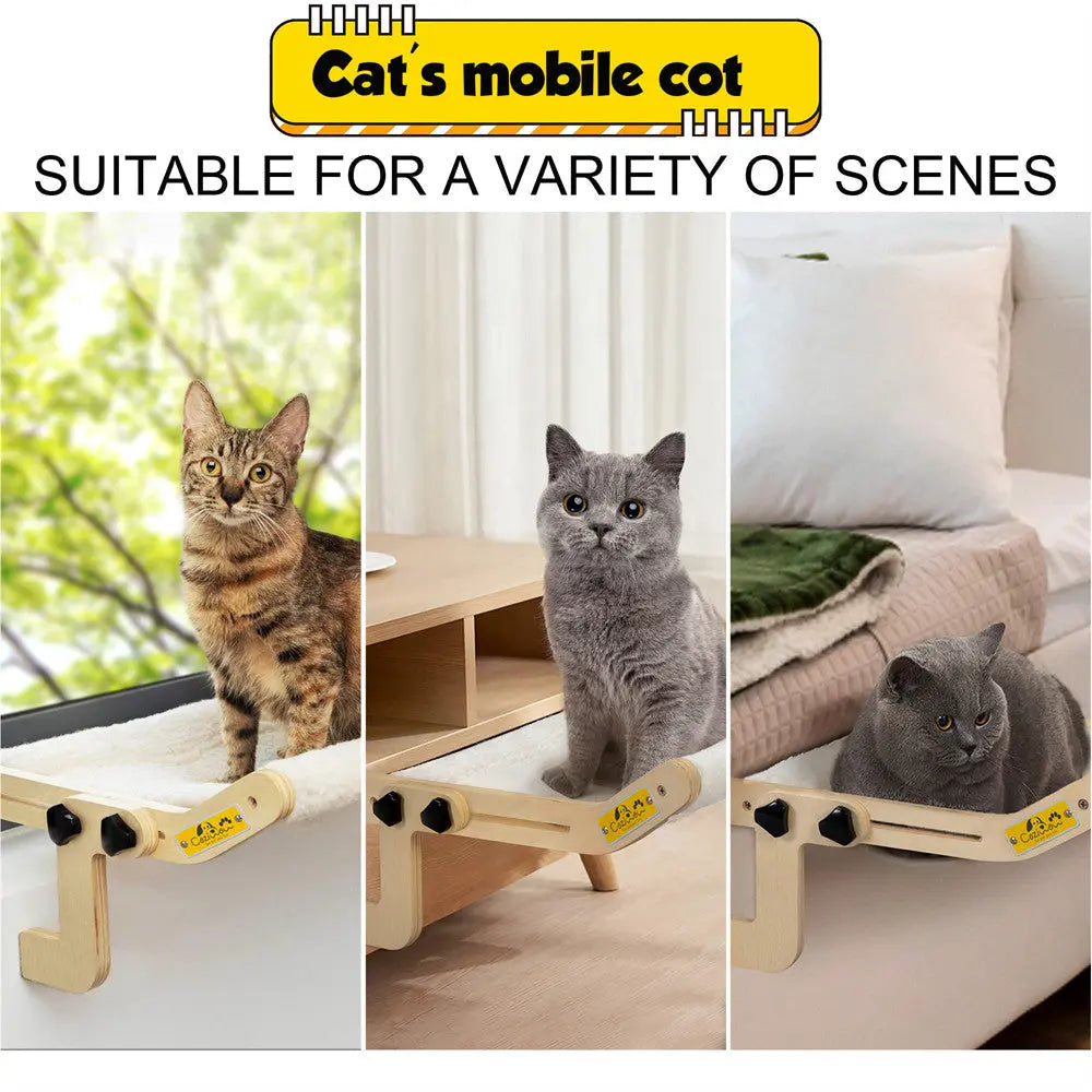 Cozy Wooden Cat Window Hammock for Indoor Cats, Sturdy Sunbathing Window Seat Perch Bed, Easy-Install, for Windowsills, Sunrooms & Apartments