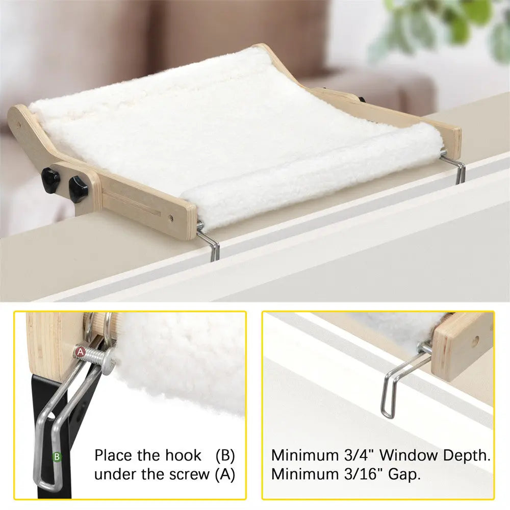 Cozy Wooden Cat Window Hammock for Indoor Cats, Sturdy Sunbathing Window Seat Perch Bed, Easy-Install, for Windowsills, Sunrooms & Apartments