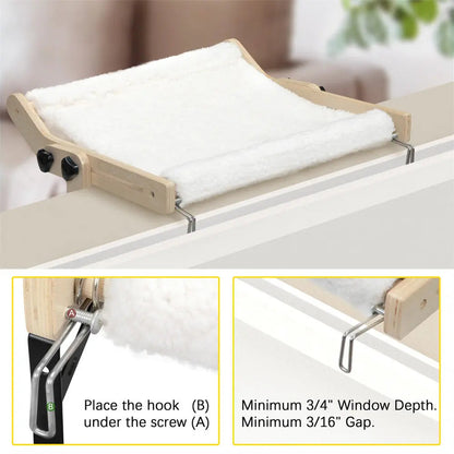 Cozy Wooden Cat Window Hammock for Indoor Cats, Sturdy Sunbathing Window Seat Perch Bed, Easy-Install, for Windowsills, Sunrooms & Apartments