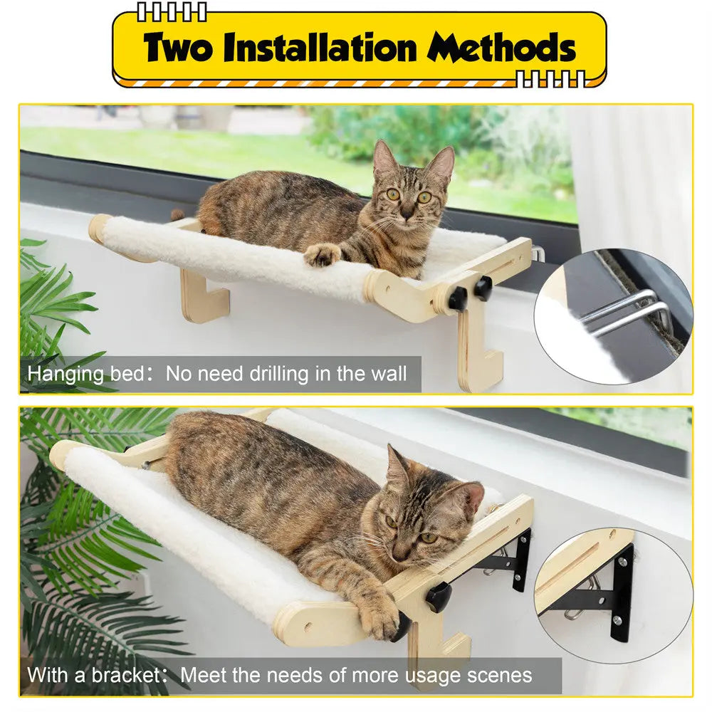 Cozy Wooden Cat Window Hammock for Indoor Cats, Sturdy Sunbathing Window Seat Perch Bed, Easy-Install, for Windowsills, Sunrooms & Apartments