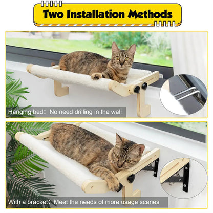 Cozy Wooden Cat Window Hammock for Indoor Cats, Sturdy Sunbathing Window Seat Perch Bed, Easy-Install, for Windowsills, Sunrooms & Apartments