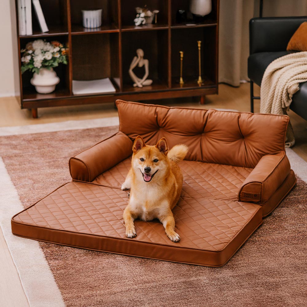 Faux Leather Orthopedic Dog Bed for Large & Extra Large Dogs, Waterproof Foldable Sofa-Style Pet Lounge, Easy-Clean Removable Covers, Indoor & Patio
